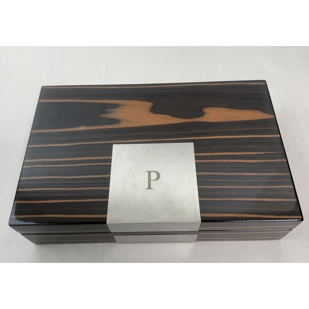 Bey-Berk Lacquered “P” Initial  "African Ebony" Burl Wood Valet Jewelry Box